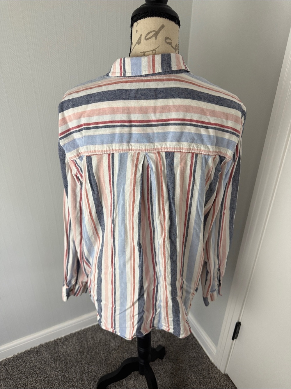 Anthropologie Maeve Striped Button-Up in Blue, Pink,White Large Cotton Linen Mix - Picture 6 of 8